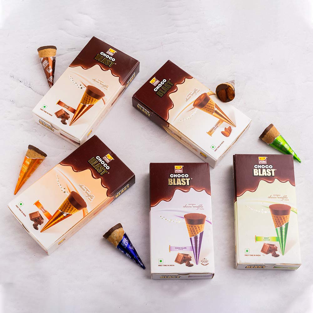 Pure Temptation® Gold Chocoblast - Premium Chocolate Filled Waffle Cones - Chocolate + Roasted Almond + Coffee + Mint + Orange Flavours