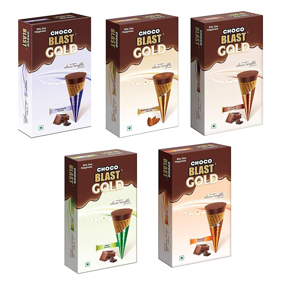 Pure Temptation® Gold Chocoblast - Premium Chocolate Filled Waffle Cones - Chocolate + Roasted Almond + Coffee + Mint + Orange Flavours