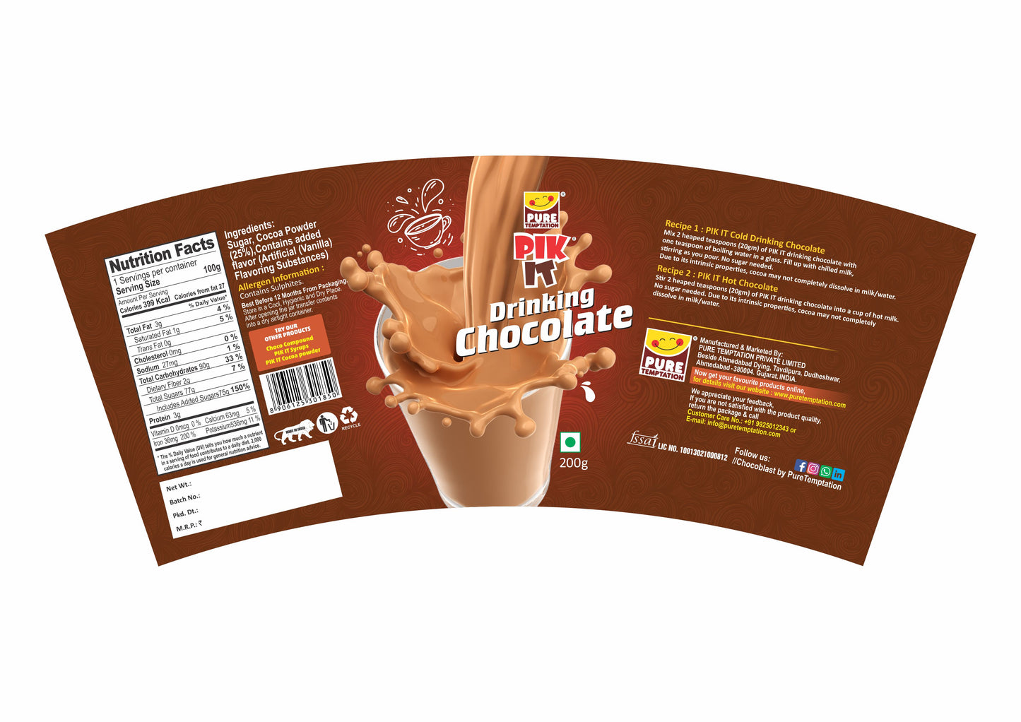 Pure Temptation PIK IT Drinking Chocolate 200 gm