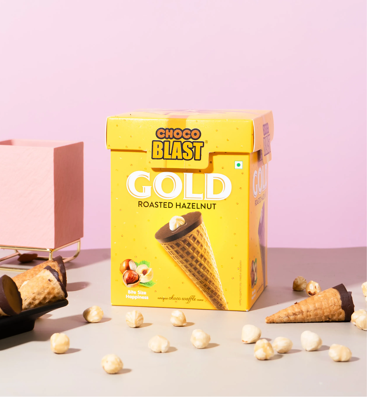 Pure Temptation Chocoblast Waffle Cones [10pcs] – Choco-Filled, Non-Meltable Gift Box with Roasted Hazelnut, Individually Wrapped Snacks for Kids & Adults.