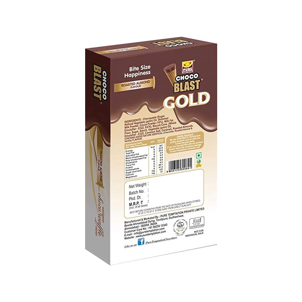 Pure Temptation® Gold Chocoblast - Premium Chocolate Filled Waffle Cones - Roasted Almond Flavour 1X10X3