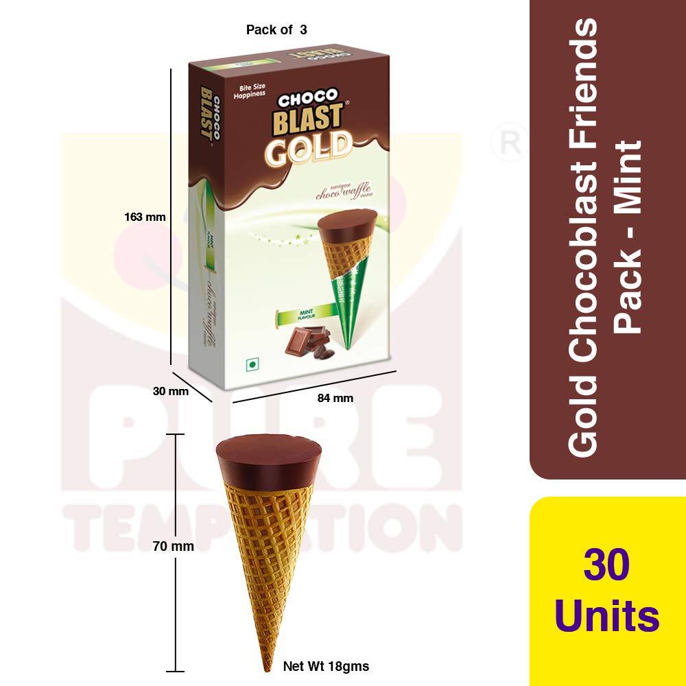 Pure Temptation® Gold Chocoblast - Premium Chocolate Filled Waffle Cones - Mint Flavour 1X10X3