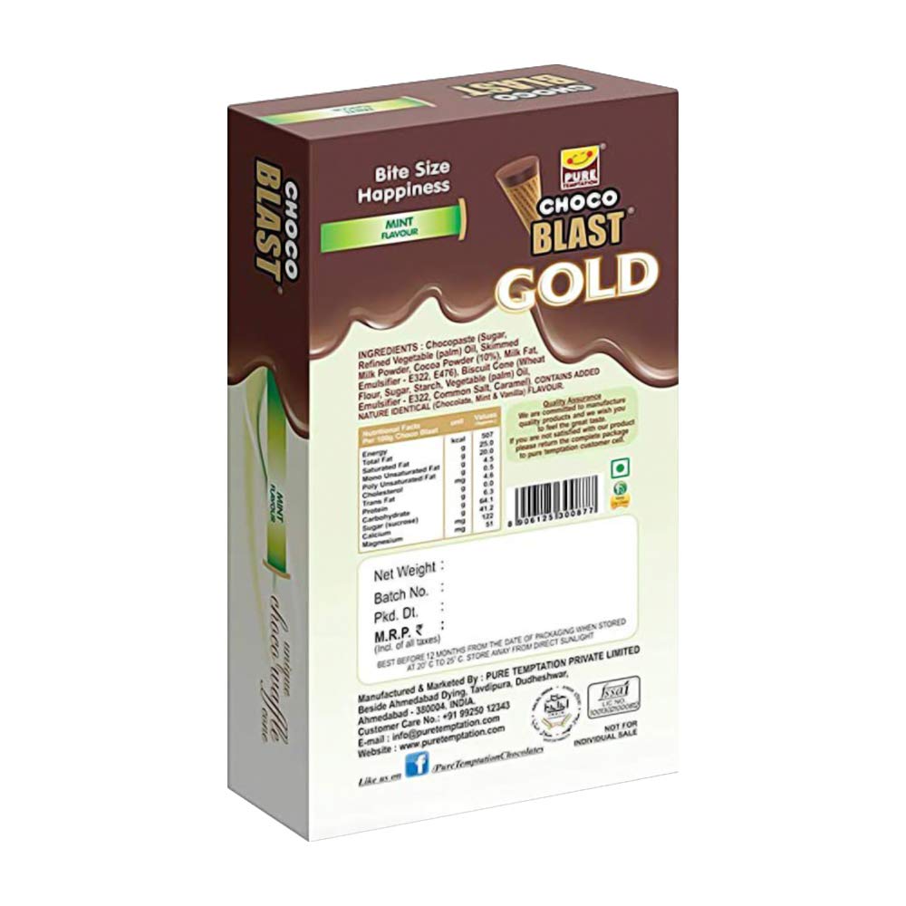 Pure Temptation® Gold Chocoblast - Premium Chocolate Filled Waffle Cones - Mint Flavour 1X10X3