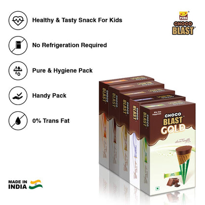 Pure Temptation® Gold Chocoblast - Premium Chocolate Filled Waffle Cones - Chocolate + Roasted Almond + Coffee + Mint + Orange Flavours