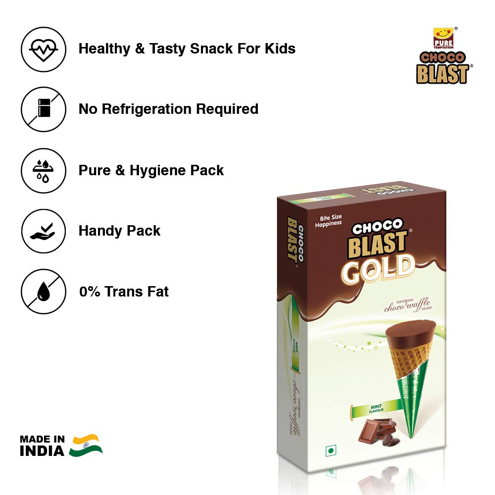 Pure Temptation® Gold Chocoblast - Premium Chocolate Filled Waffle Cones - Mint Flavour 1X10X3