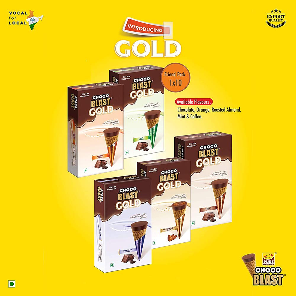 Pure Temptation® Gold Chocoblast - Premium Chocolate Filled Waffle Cones - Orange Flavour 1X10X3