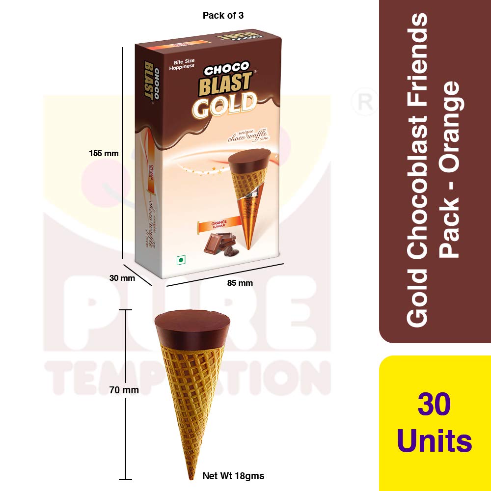 Pure Temptation® Gold Chocoblast - Premium Chocolate Filled Waffle Cones - Orange Flavour 1X10X3