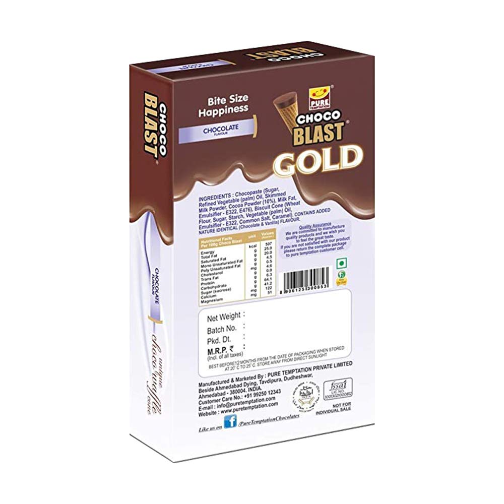 Pure Temptation® Gold Chocoblast - Premium Chocolate Filled Waffle Cones - Chocolate Flavour 1X10X3