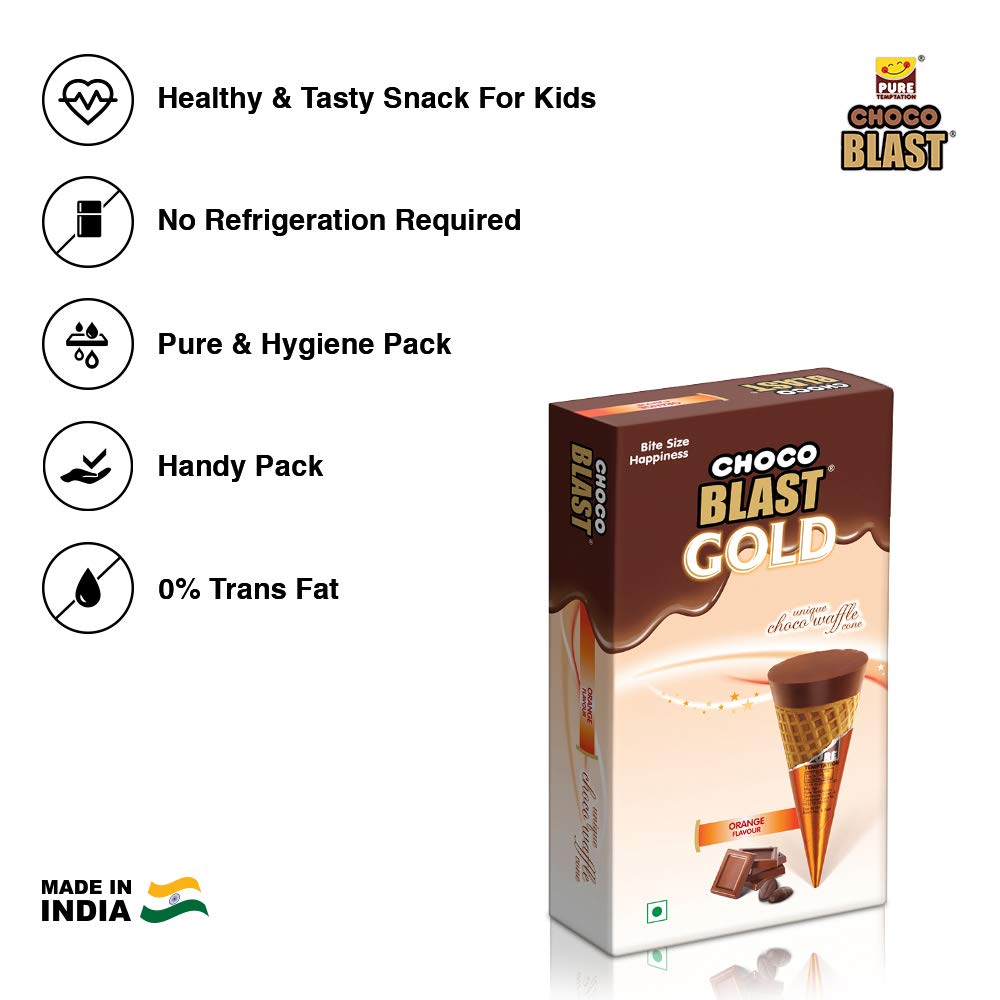 Pure Temptation® Gold Chocoblast - Premium Chocolate Filled Waffle Cones - Orange Flavour 1X10X3