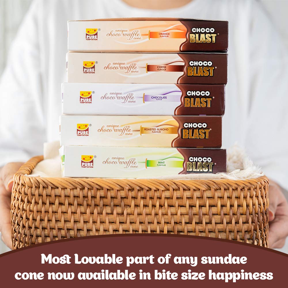 Pure Temptation® Gold Chocoblast - Premium Chocolate Filled Waffle Cones - Chocolate + Roasted Almond + Coffee + Mint + Orange Flavours