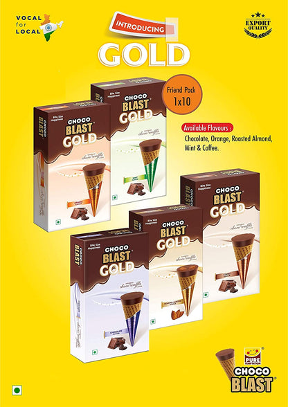 Pure Temptation® Gold Chocoblast - Premium Chocolate Filled Waffle Cones - Roasted Almond Flavour 1X10X3