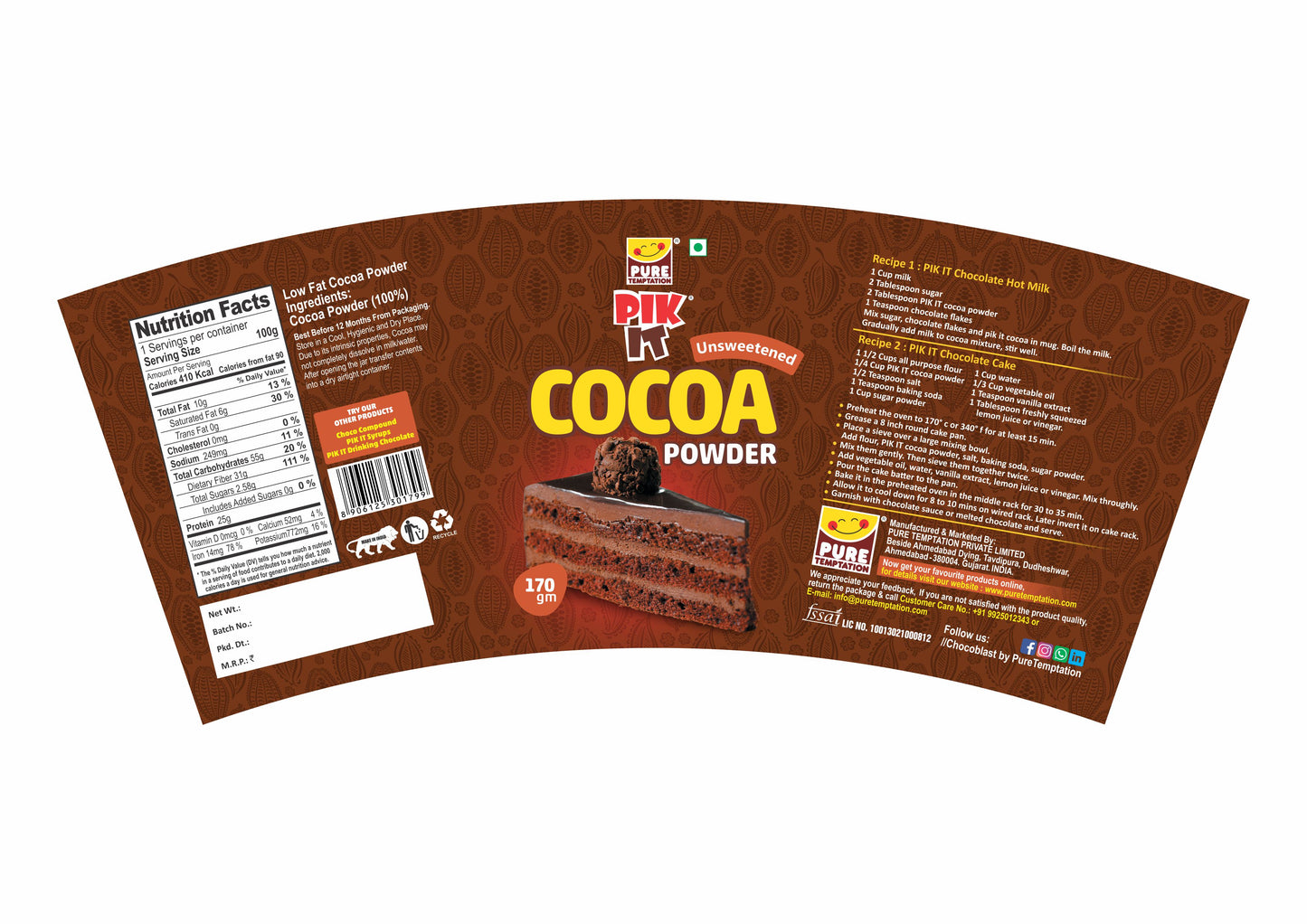 Pure Temptation (R) PIK IT (R) Cocoa Powder 170 gms